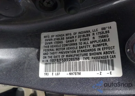 2014 Honda Civic Lx из США, поврежденный, VIN 19XFB2F53EE265268